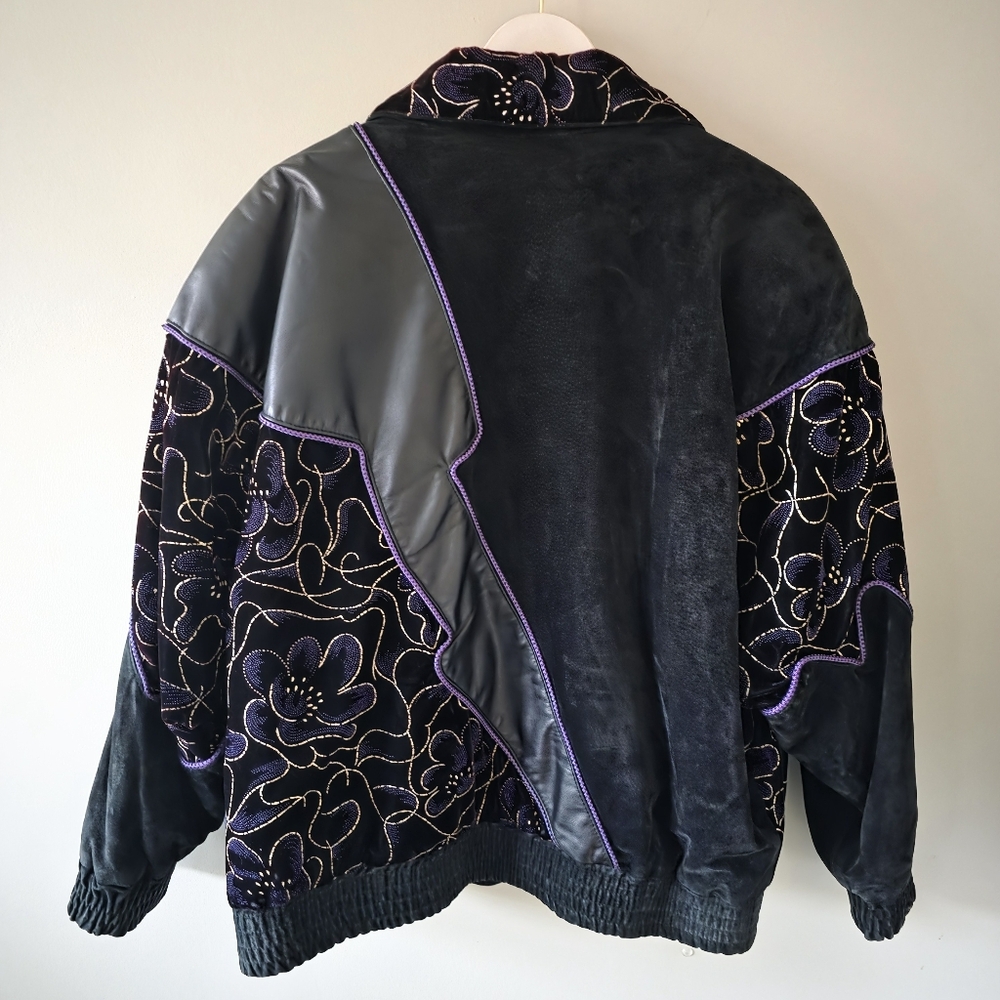 Alia L Vintage 80s 90s Eclectic Retro Leather Suede & Velvet Bomber Jacket - Picture 9 of 16